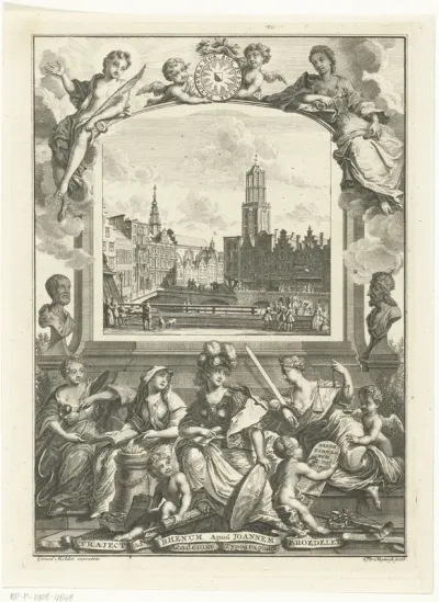 Stadsgezicht met Domkerk te Utrecht en allegorie met Minerva en deugden