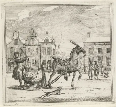 Stadsgezicht met door paard getrokken slee