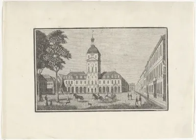 Stadsgezicht met een bouwwerk aan een plein