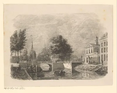 Stadsgezicht met een brug en twee schepen