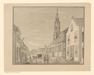 Stadsgezicht met een kerk en een paardenkoets