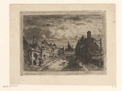 Stadsgezicht met een natte straat