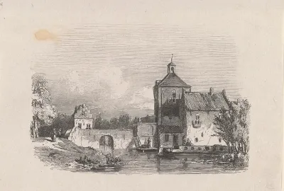 Stadsgezicht met een poortgebouw aan het water