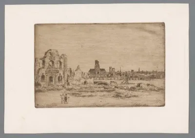 Stadsgezicht met een ruïne en twee figuren op de voorgrond