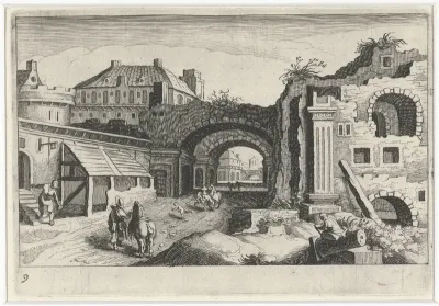 Stadsgezicht met een ruïne