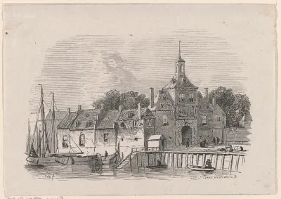 Stadsgezicht met een stadspoort aan het water