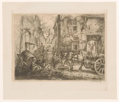 Stadsgezicht met figuren en wagens op een kruispunt