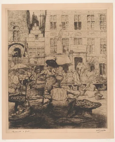 Stadsgezicht met fruitmarkt in Gent