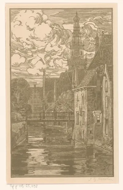 Stadsgezicht met gracht en kerktoren