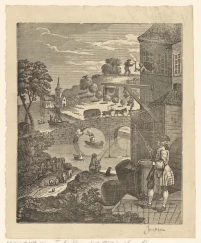 Stadsgezicht met gracht en vissers