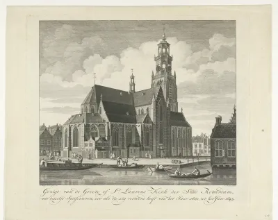 Stadsgezicht met Grote of Laurenskerk te Rotterdam