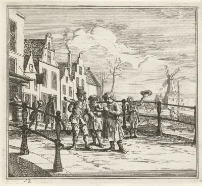 Stadsgezicht met hoornblazers op brug