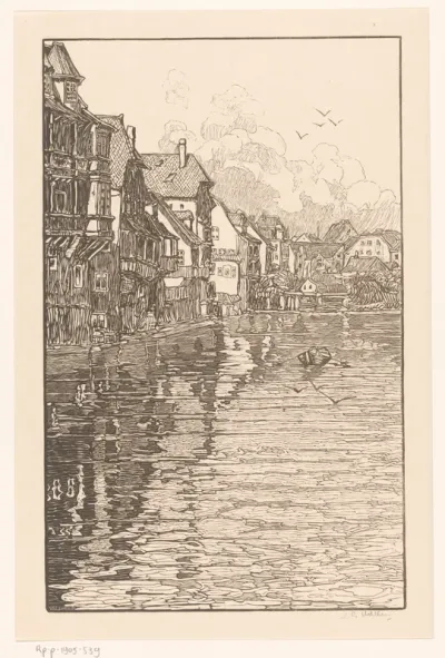 Stadsgezicht met huizen aan breed water