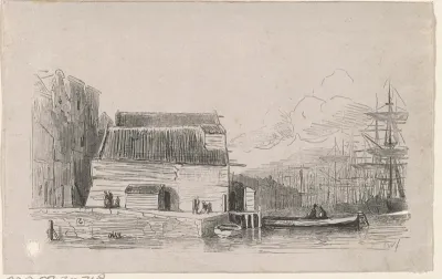 Stadsgezicht met huizen aan het water en schepen