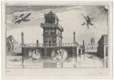 Stadsgezicht met Icarus en Daedalus