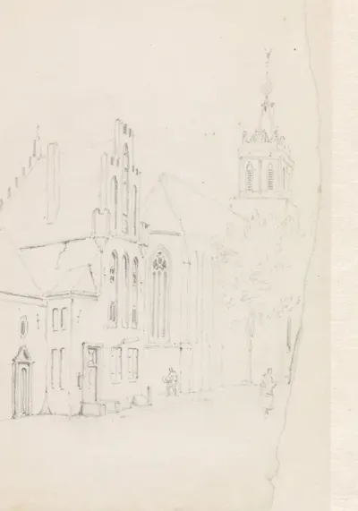 Stadsgezicht met kerk en huizen