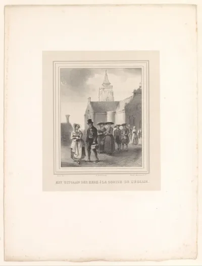 Stadsgezicht met kerkgangers voor een kerk