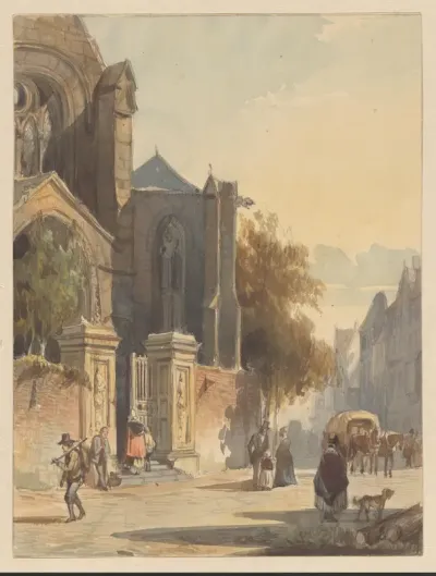 Stadsgezicht met kerkgebouw