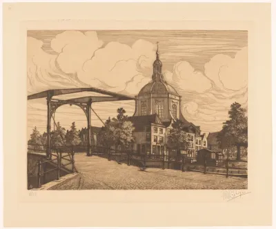 Stadsgezicht met ophaalbrug en Marekerk in Leiden