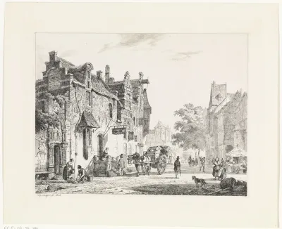 Stadsgezicht met paardenkar