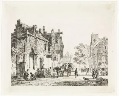 Stadsgezicht met paardenkar