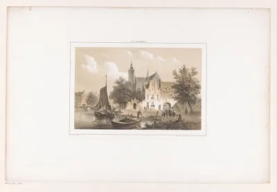Stadsgezicht met rivier en kerk