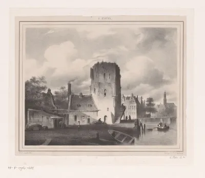 Stadsgezicht met ruïne van een toren