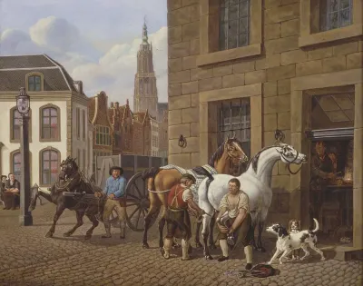 Stadsgezicht met smidse en Onze Lieve Vrouwetoren, Amersfoort