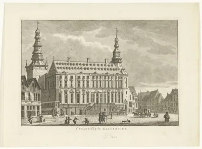 Stadsgezicht met stadhuis te Aken