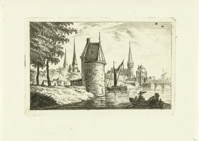 Stadsgezicht met toren aan rivier
