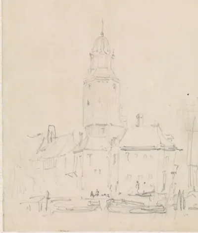Stadsgezicht met toren bij huizen aan de kade
