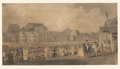 Stadsgezicht met twee mannen te paard