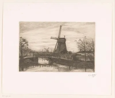 Stadsgezicht met twee molens en een brug