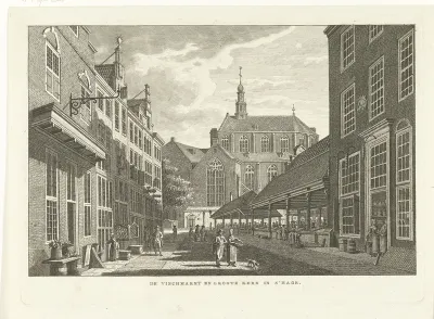 Stadsgezicht met vismarkt en Grote Kerk of Sint Jacobskerk in Den Haag