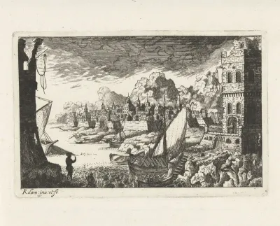 Stadsgezicht met vissershaven en aanmerend bootje