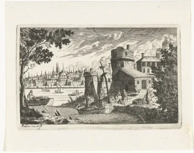 Stadsgezicht met vissershaven en deel van de stadsmuur