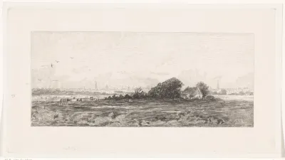 Stadsgezicht met weilanden op de voorgrond