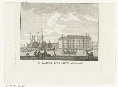 Stadsgezicht met zeemagazijn en haven met schepen te Amsterdam