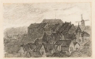 Stadsgezicht op Kleve met molen