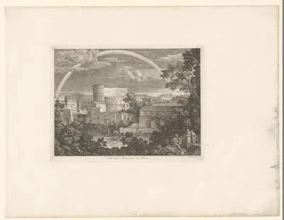 Stadsgezicht van Rome met Colloseum, Farnesische Tuinen en een regenboog