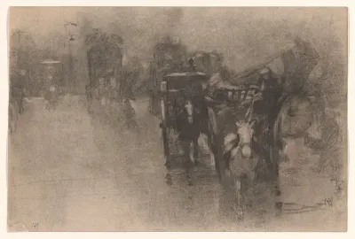 Stadsplein in regen met rijtuigen