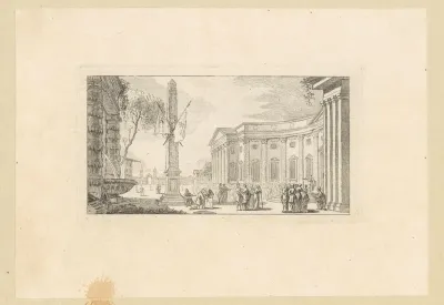 Stadsplein met obelisk waaraan twee vlaggen bevestigd zijn