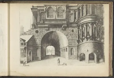 Stadspoort met links een winkel en rechts een rond gebouw