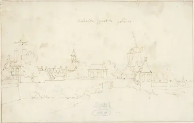 Stadswallen van Gorinchem met een molen en de Arkelse poort