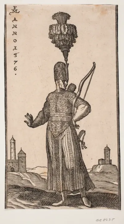 Stående soldat, frontalt set, hovedet vendt mod h.; han bærer bue over sin v. arm, pilekogger på ryggen og sværd ved sin v. side; han strækker koket sin h. arm bagud; i baggr. t.h. og t.v. to fæstningslignende bygninger