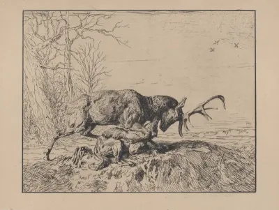 Stag Fighting a Wolf, after Antoine Louis Barye