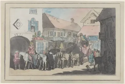 Stage Coach and Riders in the Yard of an Inn, Preparing to Depart