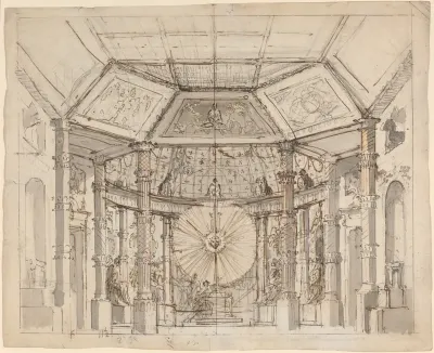 Stage Design for a Domed Temple Interior with a Sun Disk above the Altar