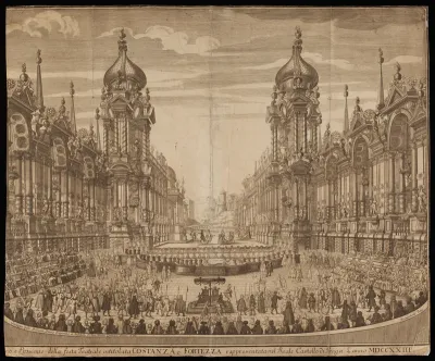 Stage set and performance of 'Costanza e fortezza' in Prague castle