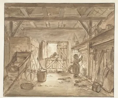 Stalinterieur met een meisje dat een doek ophangt